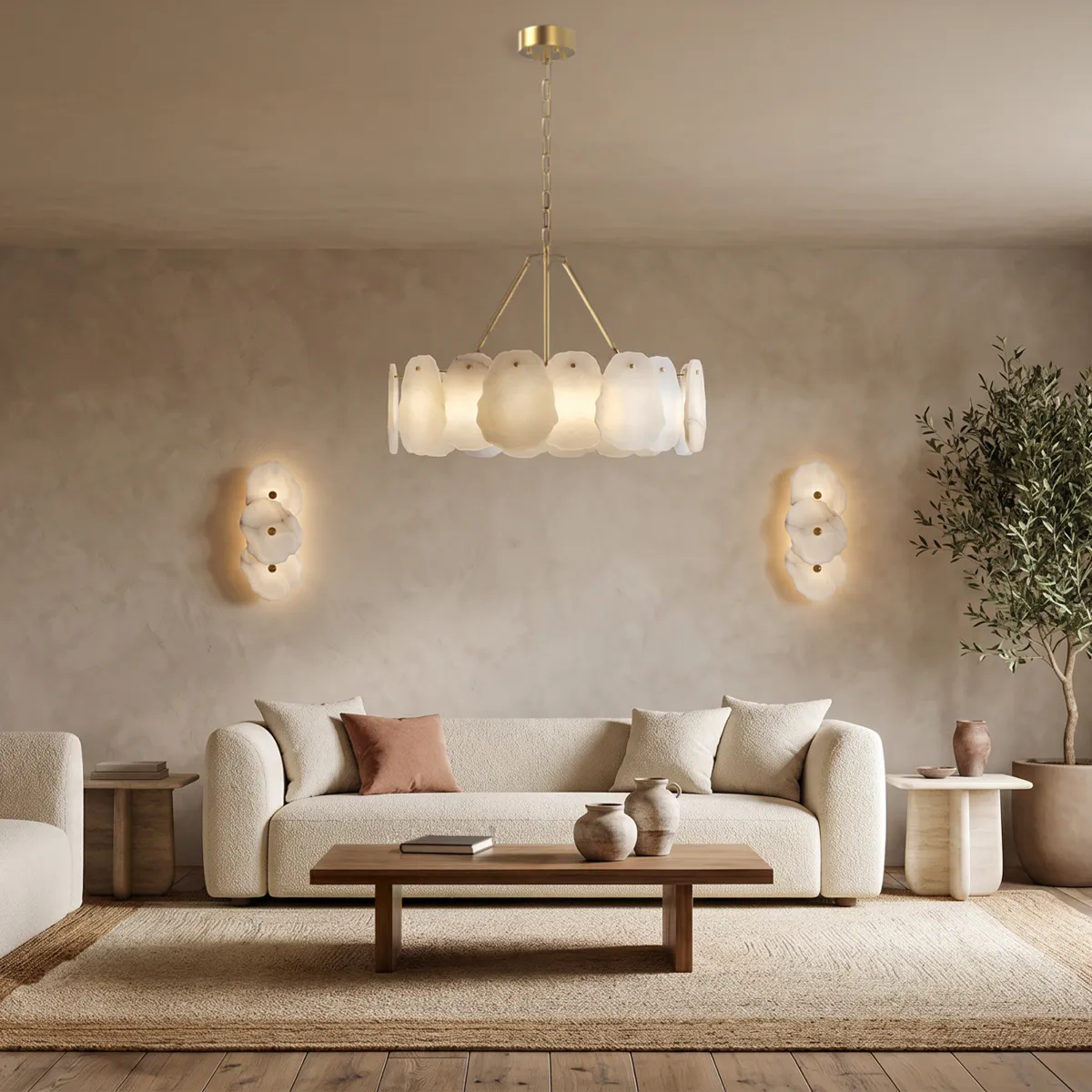 Alabaster linear chandelier and matching sconces above a sofa