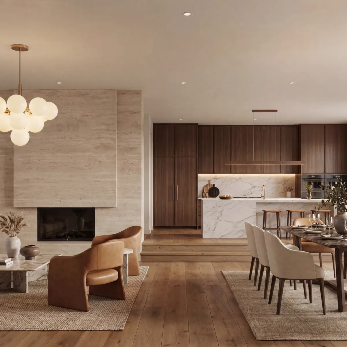 Cluster pendant above a living room with fireplace, dining table and kitchen beyond