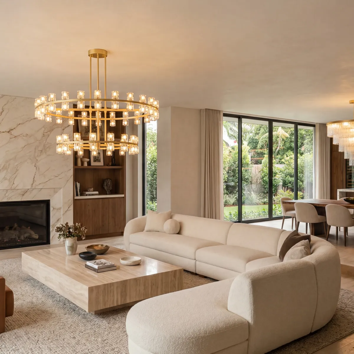 Two MOD chandeliers over an open living and dining room at golden hour